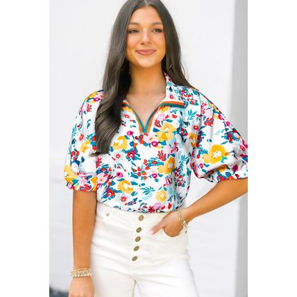 Peacock Blue Floral Print Slit V Neck Short Sleeve Blouse