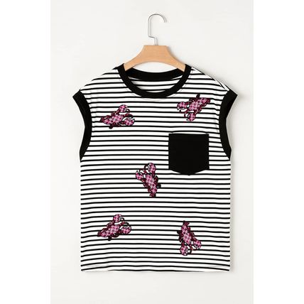 Black Stripe Sequined Lobster Patched Pocket Casual Tank Top