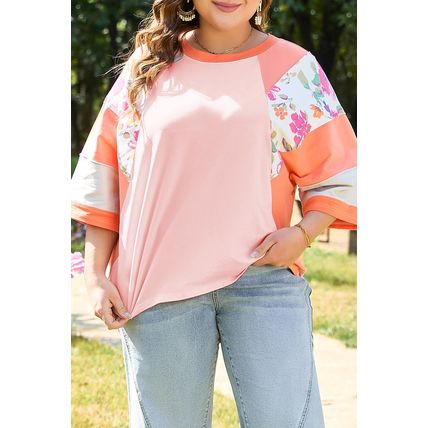 Orange Plus Size Floral Print Patchwork Raglan Half Sleeve Top