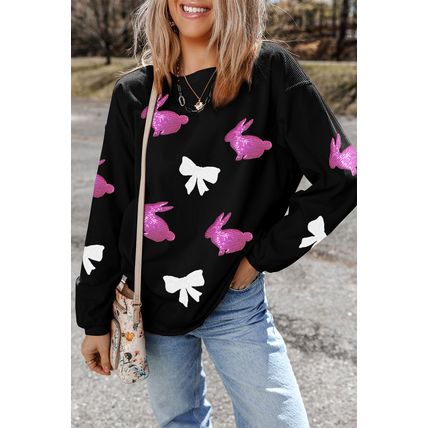 Black Sequined Bunny Bow Easter Fashion Corded Sweatshirt