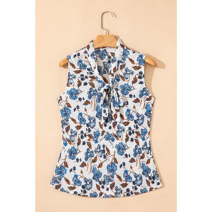 Sky Blue Floral Print Knotted V Neck Elegant Tank Top