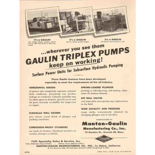MANTON-GAULIN MFG COMPANY 1955 Triplex pumps keep working vintage ad
