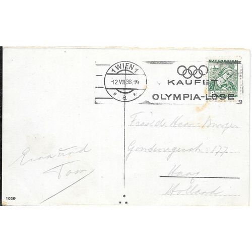 Austria Olympic Slogan Cancel 1936 on postcard Vienna to Holland