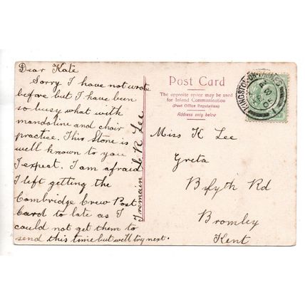PRINTED POSTCARD OF CORONATION STONE KINGSTON-ON-THAMES SURREY POSTED 1905 (1041