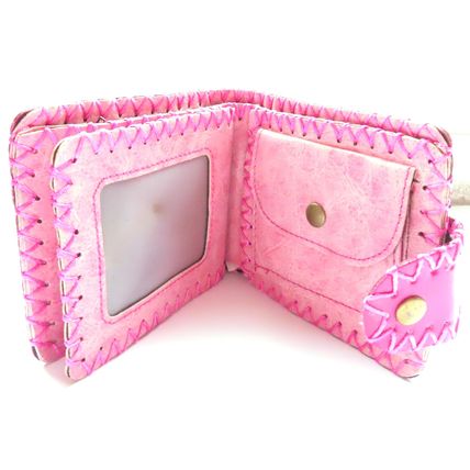 Ladies Pink Leather Wallet with Flower & Geometric Design Detail 9 CM - 0015P