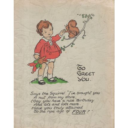 Child Holding Hands With Squirrel & Toy Doll Antique Greetings Card
