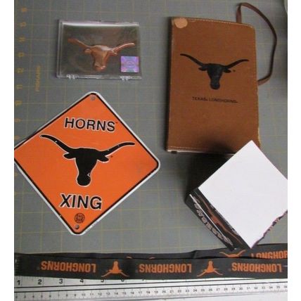 RARE UT TEXAS UNIVERSITY LONGHORNS LOT JOURNAL, SIGN, LANYARD, NOTES, CAR BADGE