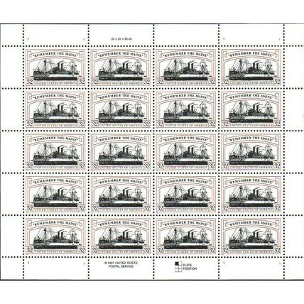 Remember the Maine Sheet of Twenty 32 Cent Postage Stamps Scott 3192