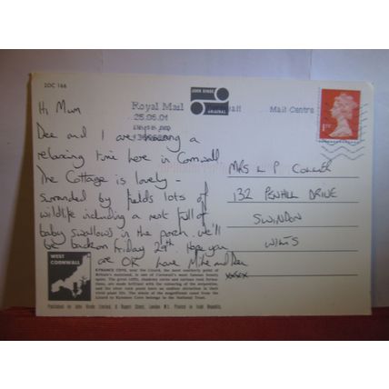 KYNANCE COVE, CORNWALL .used postcard 2001 postmark John Hinde #