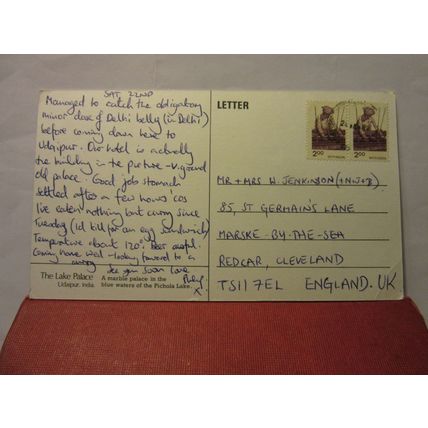 THE LAKE PALACE, UDAIPUR, INDIA used large postcard 1989? pm =