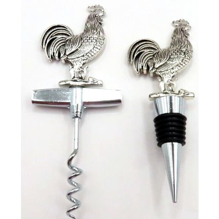Cockerel Wine Bottle Stopper & Corkscrew Set Metal Silver Colour Gift Home Decor