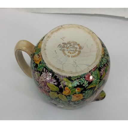 Vintage Lord Nelson Black Beauty Flower Design Gold Rim Jug Creamer Pitcher 4"