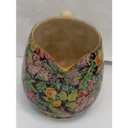 Vintage Lord Nelson Black Beauty Flower Design Gold Rim Jug Creamer Pitcher 4"