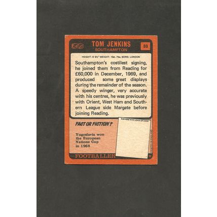 A&BC Orange Back Football 1970-71 #33 Tom Jenkins Southampton