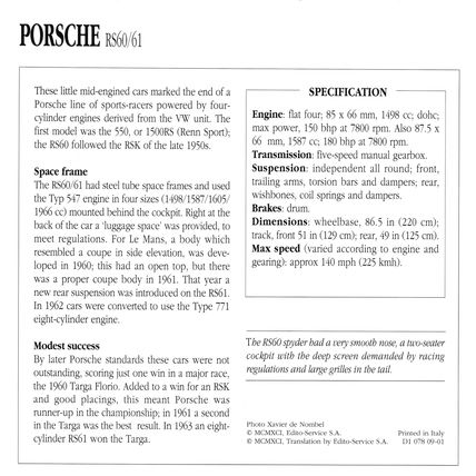 Collectors Club card. Classic Cars. Porsche RS60/61