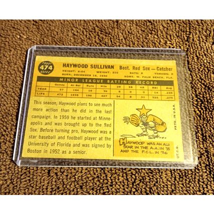 1960 Topps 474 Haywood Sullivan Boston Red Sox Catcher 7.0 NM Shape No Creases