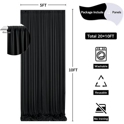 20 Ft X 10 Ft Wrinkle Free Black Backdrop Curtain for Parties, 4 Panels 10Ft Pol