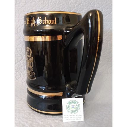 VINTAGE BROCKTON MASSACHUSETTS HIGH SCHOOL NAVY BLUE CERAMIC & GILT TANKARD