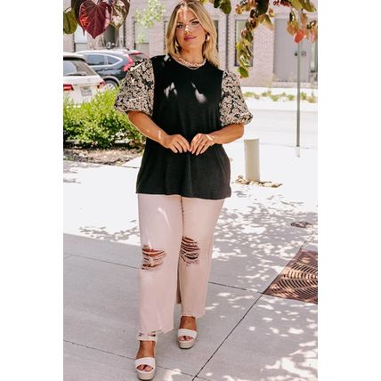 Black Daisy Printed Short Bubble Sleeve Plus Size Tunic Top