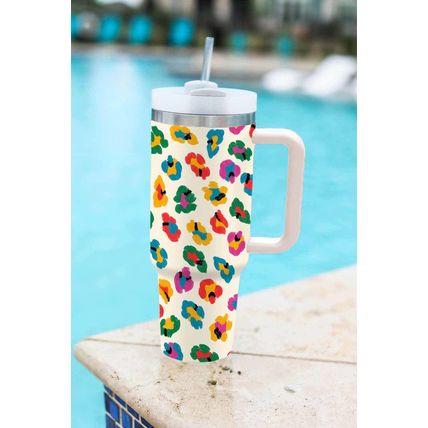 White Multi Color Leopard Print Handle Stainless Tumbler 40oz