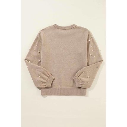 Smoke Gray Pearled Drop Shoulder Round Neck Sweater