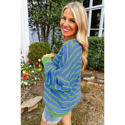 Sky Blue Stripe Trimmed Round Neck Drop Shoulder Loose Sweater
