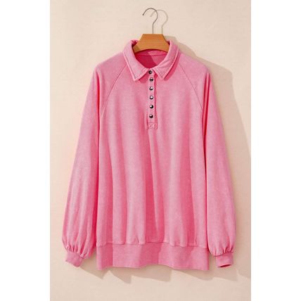 Pink Solid Snap Buttons Collared Balloon Sleeve Oversized Sweatshirt