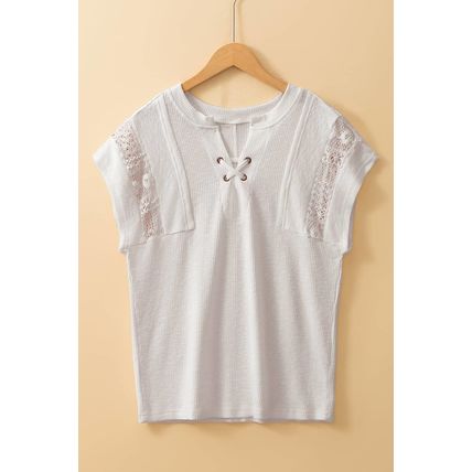 White Ribbed Texture Lace Patchwork Short Sleeve Top
