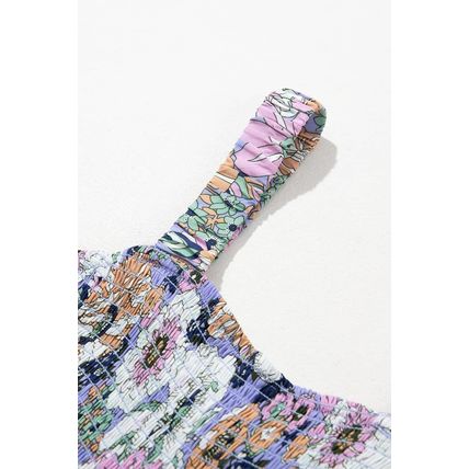 Purple Floral Print Smocked High Waist Square Neck Jumpsuit