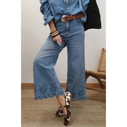 Dusk Blue Embroidered Cropped Wide Leg High Waist Jeans