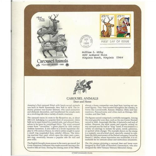 CAROUSEL ANIMALS . DEER & HORSE ' OFFICIAL FIRST DAY of ISSUE ' (1988 )