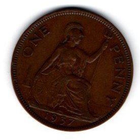 Coins. Pre-Decimal 1937 George VI. One Penny Coin