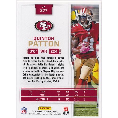 2016 Score Football 277 Quinton Patton San Francisco 49ers