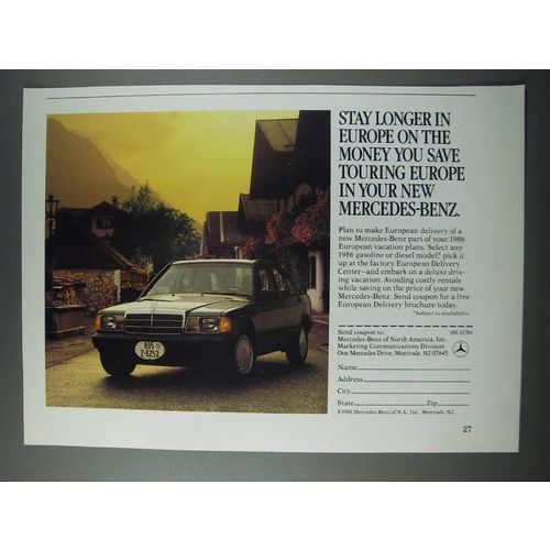 1986 Mercedes-Benz Cars Ad - Stay Longer In Europe On The Money You Save