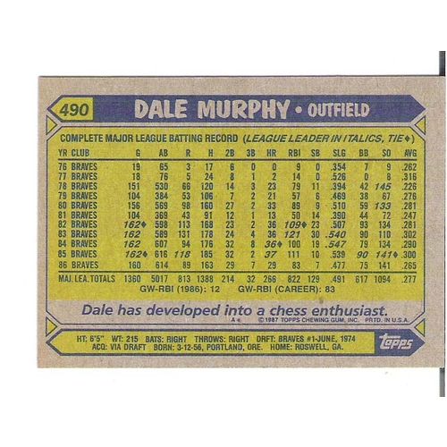 1987 Topps baseball Dale Murphy card 490 - NM - Braves