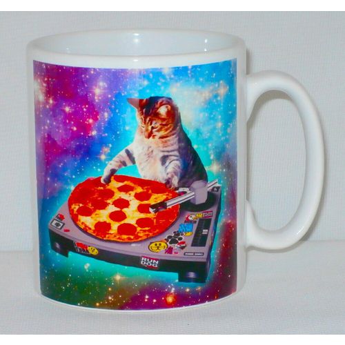 DJ Space Cat Pizza Mug Can Personalise Funny Animal Lover Decks Galaxy Cup Gift
