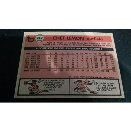 1981 Topps Card # 242 Chet Lemon Very Good-Excellent (4) Chicago White Sox