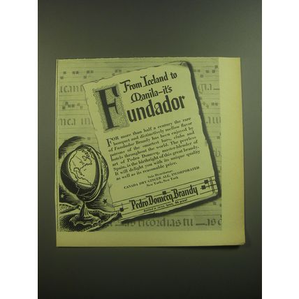 1945 Pedro Domecq Fundador Brandy Ad - From Iceland to Manila - it's Funadador