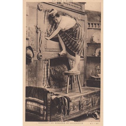 French Maid Climbing Up Cupboards Upskirt View Antique Postcard