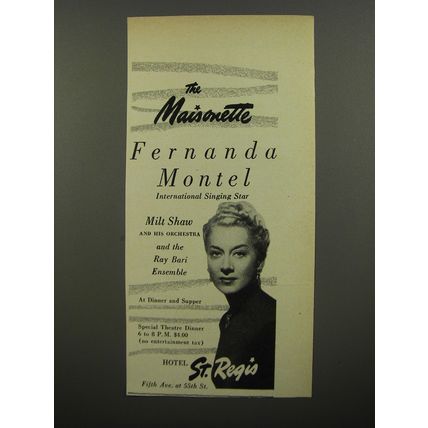1953 Hotel St. Regis Ad - The Maisonette Fernanda Montel