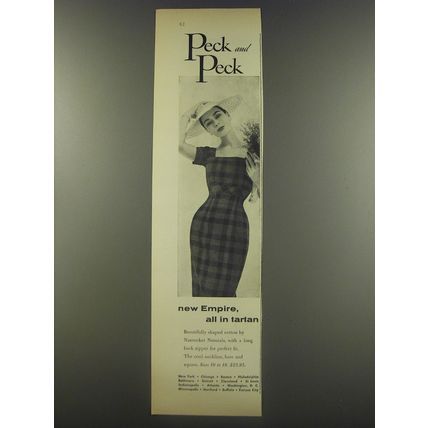 1956 Peck and Peck Nantucket Naturals Dress Ad - New Empire, all in tartan