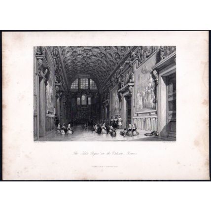 SALA REGIA, IN THE VATICAN, ROME 1842 Ebenezer Challis ANTIQUE ENGRAVING