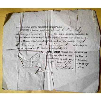 1839 Warren County Ohio original Marriage License, with seal.