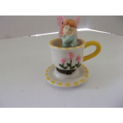 Miniature Tea Cup Fairy In Cup Trinket Box 3" high