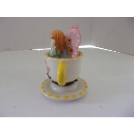 Miniature Tea Cup Fairy In Cup Trinket Box 3" high