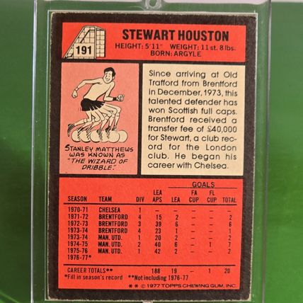 TOPPS FOOTBALL RED BACK 1977 #191 Manchester United Stewart Houston