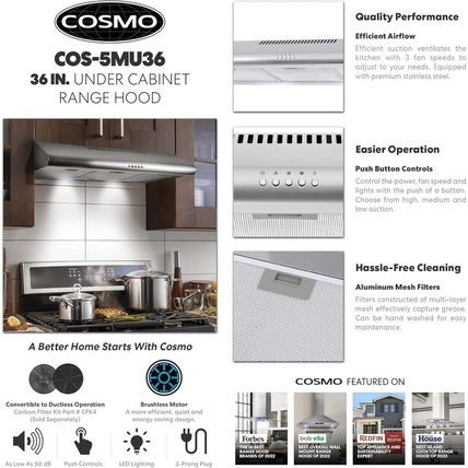 COSMO COS-5MU36 36 In. Delta Collection Ducted under Cabinet Range Hood, Button