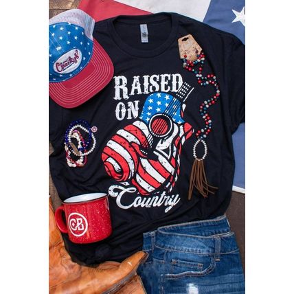 Black Raised On Country USA Flag Guitar Graphic Tee