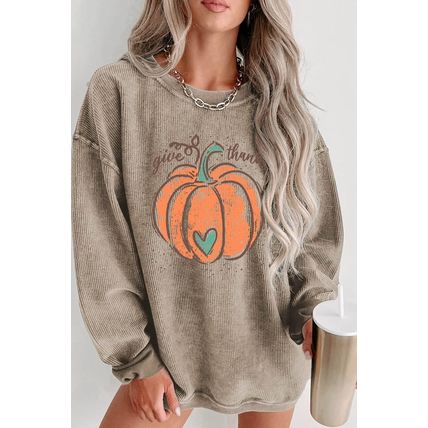 Khaki Give Thanks Pumpkin Graphic Corded Sweatshirt