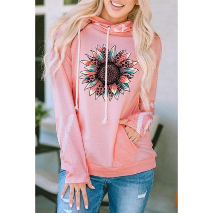 Pink Leopard Sunflower Aztec Print Drawstring Hoodie